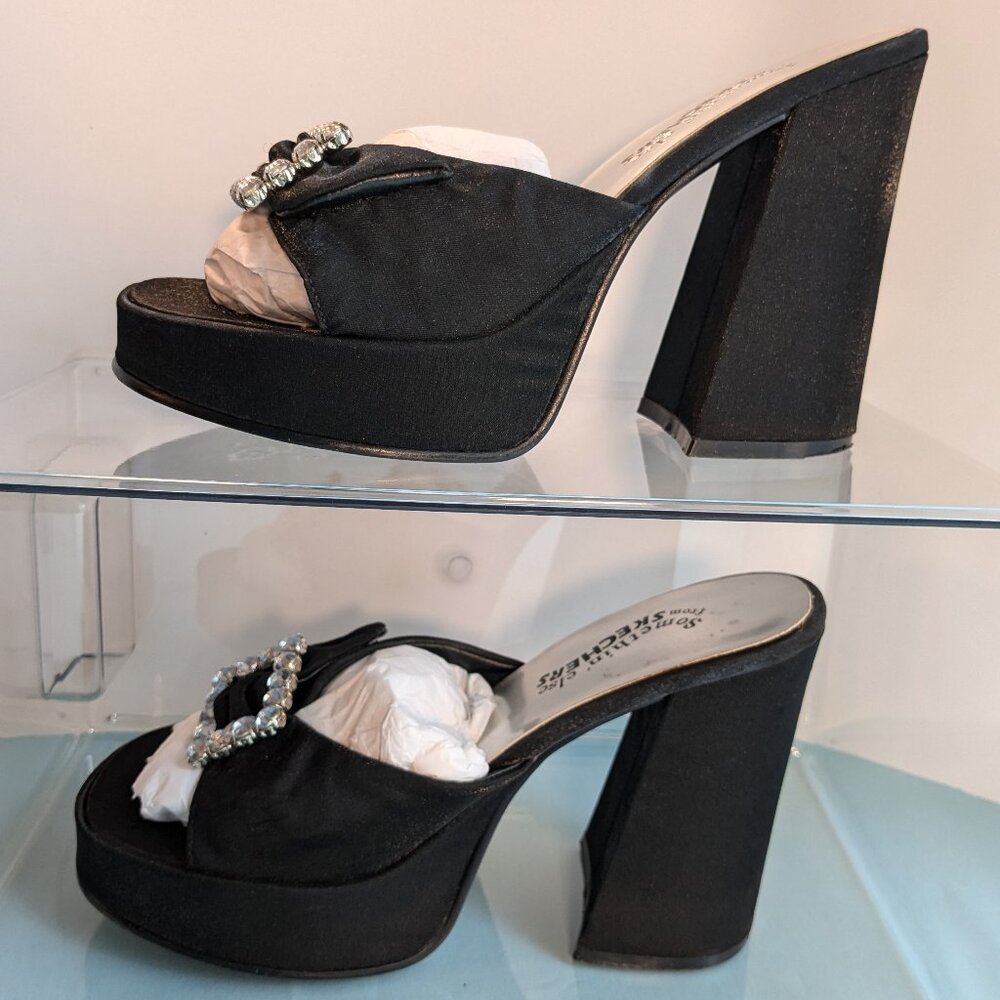 Vintage Chunky Heel Shimmer Black Platform Skechers Rhinestone Buckle Heels - Picture 9 of 16